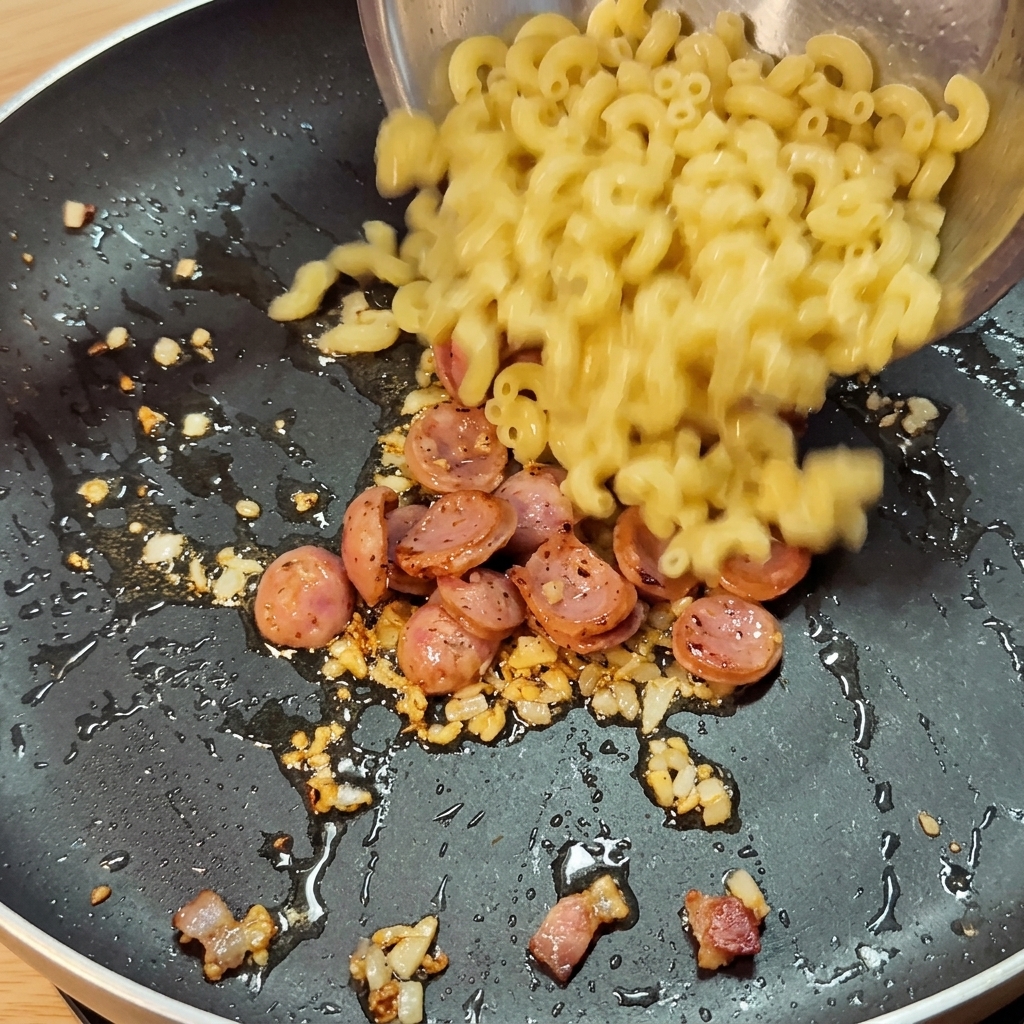 炒めたソーセージとスパイシーソースが入ったフライパンに、茹でたマカロニを加えている様子。