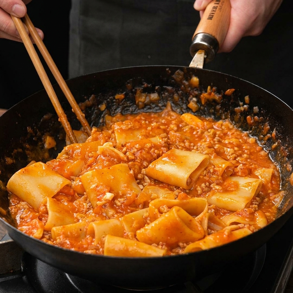 菜箸を使って、フライパンの中でパスタとソース、溶けたチーズを絡めている様子。
