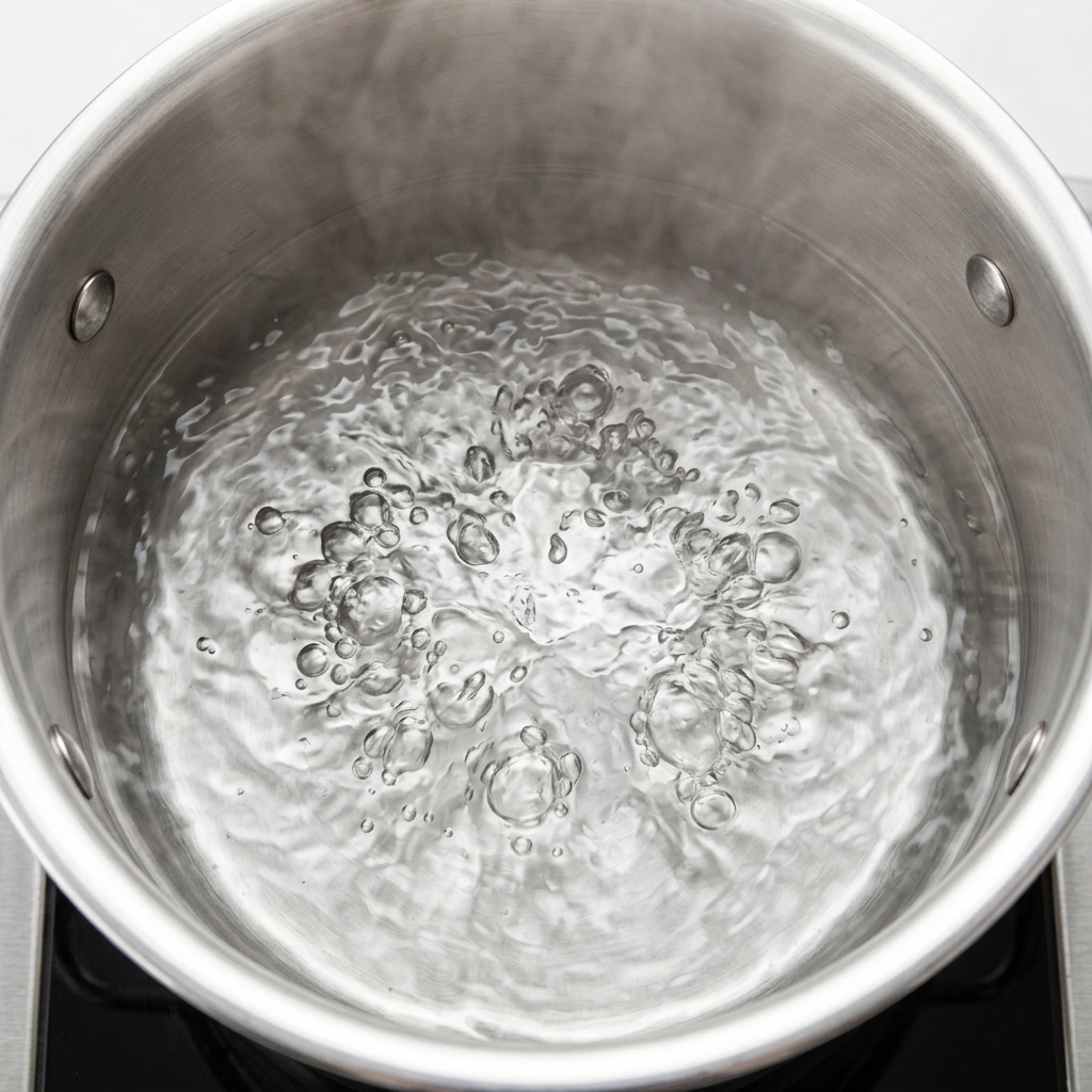 お湯の入った鍋で卵を2つ静かに茹でている様子。