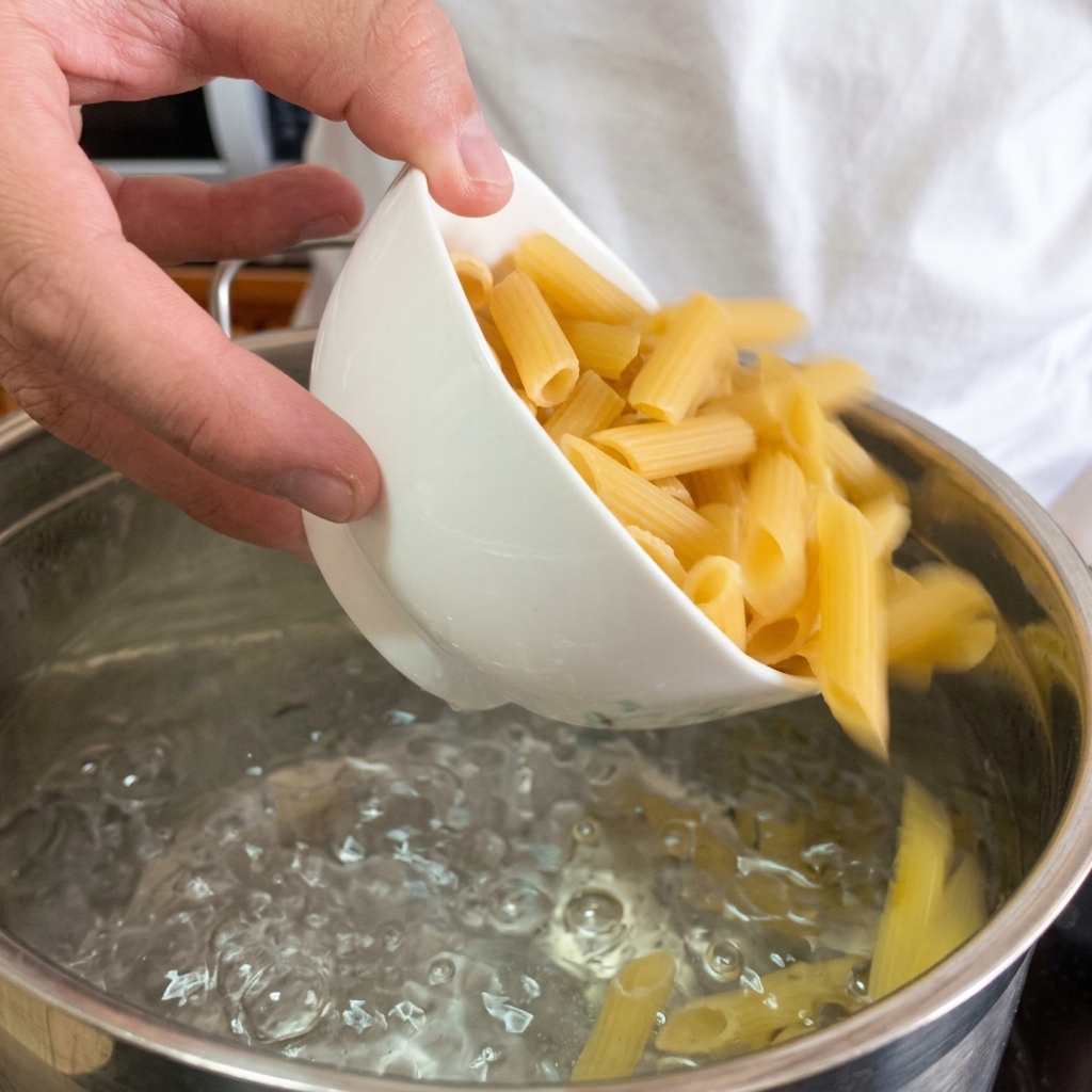 炒めたきのこと玉ねぎの入ったフライパンに生クリームを注ぎ、とろみのあるソースを作っている様子。