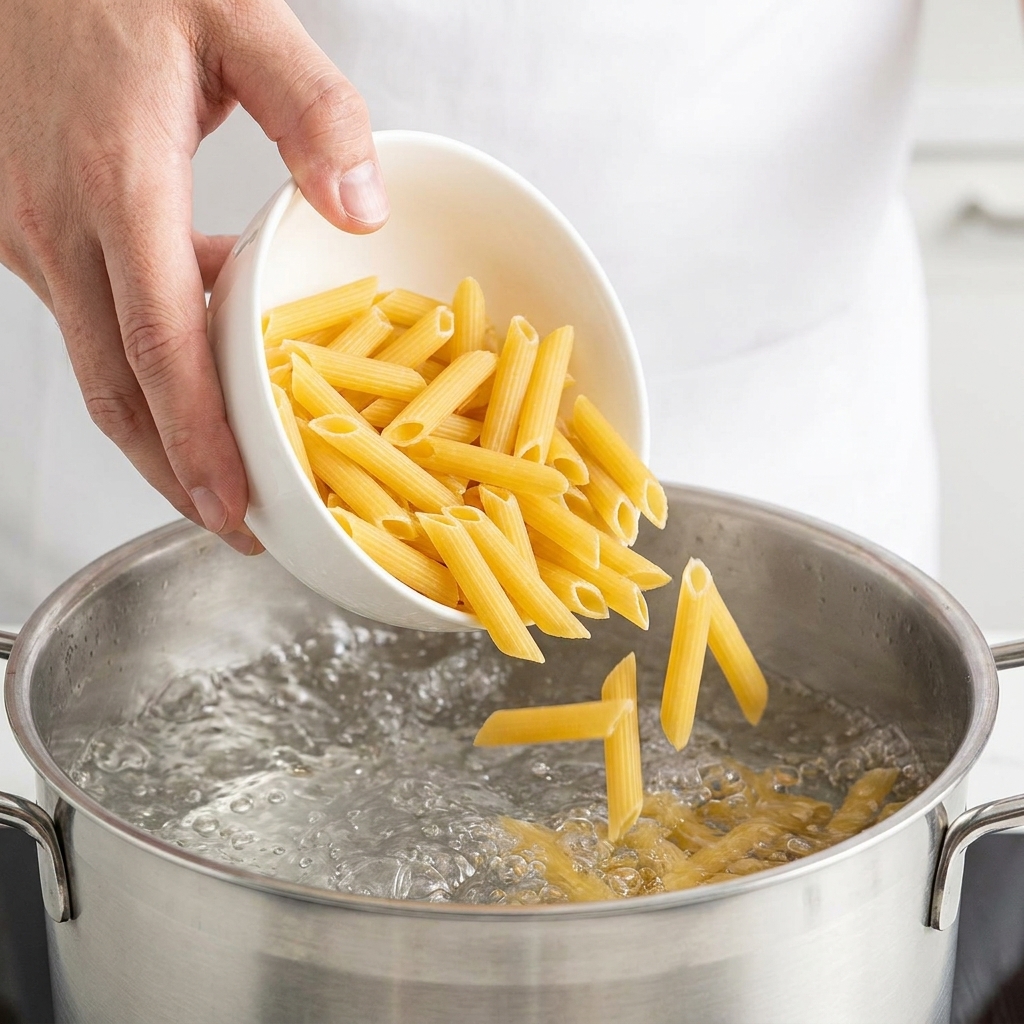 茹でたペンネをきのこクリームソースとたっぷりのパルメザンチーズと一緒にフライパンで和えている様子。