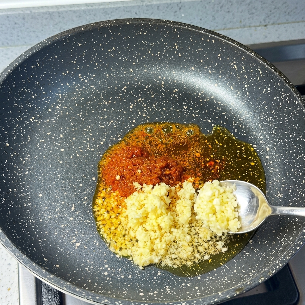 熱したフライパンで、おろしにんにくと一味唐辛子を炒めている様子。