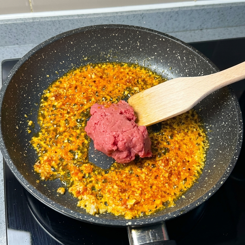 スパイスが香る赤い油の入ったフライパンに、生の豚ひき肉を加えている様子。