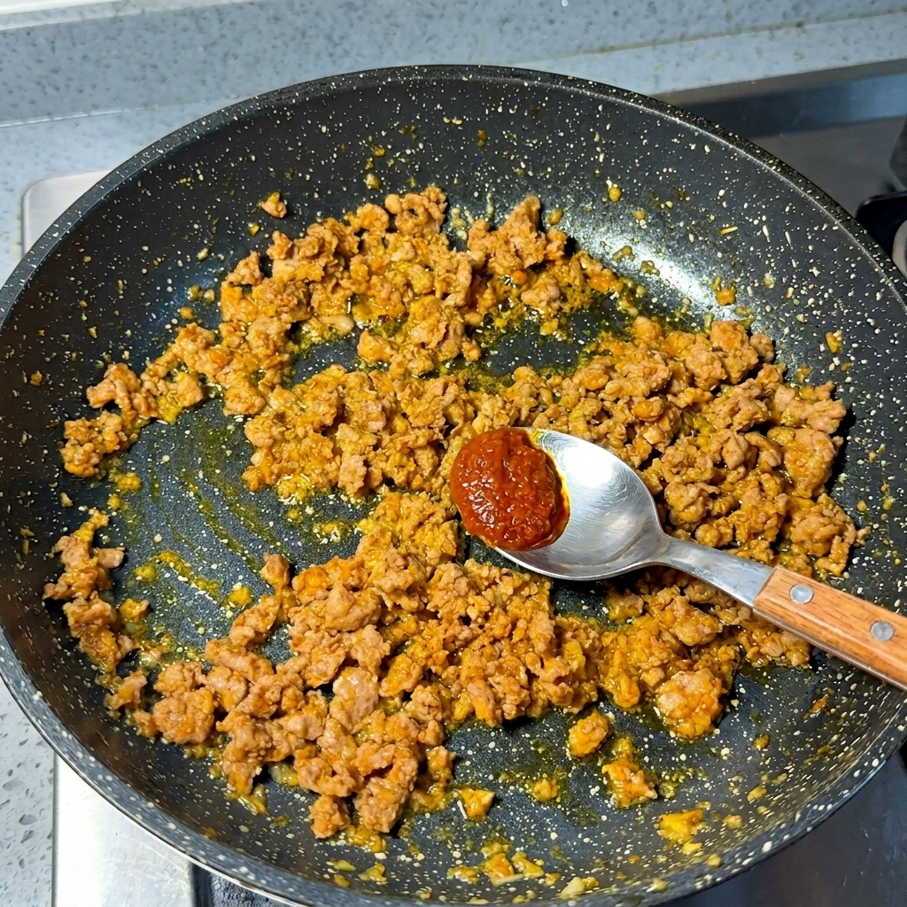 炒めた豚ひき肉の上に、スプーンですくった味噌を加えている様子。