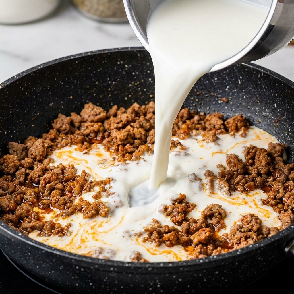 味付けした豚ひき肉が入ったフライパンに、牛乳を注ぎ入れている様子。