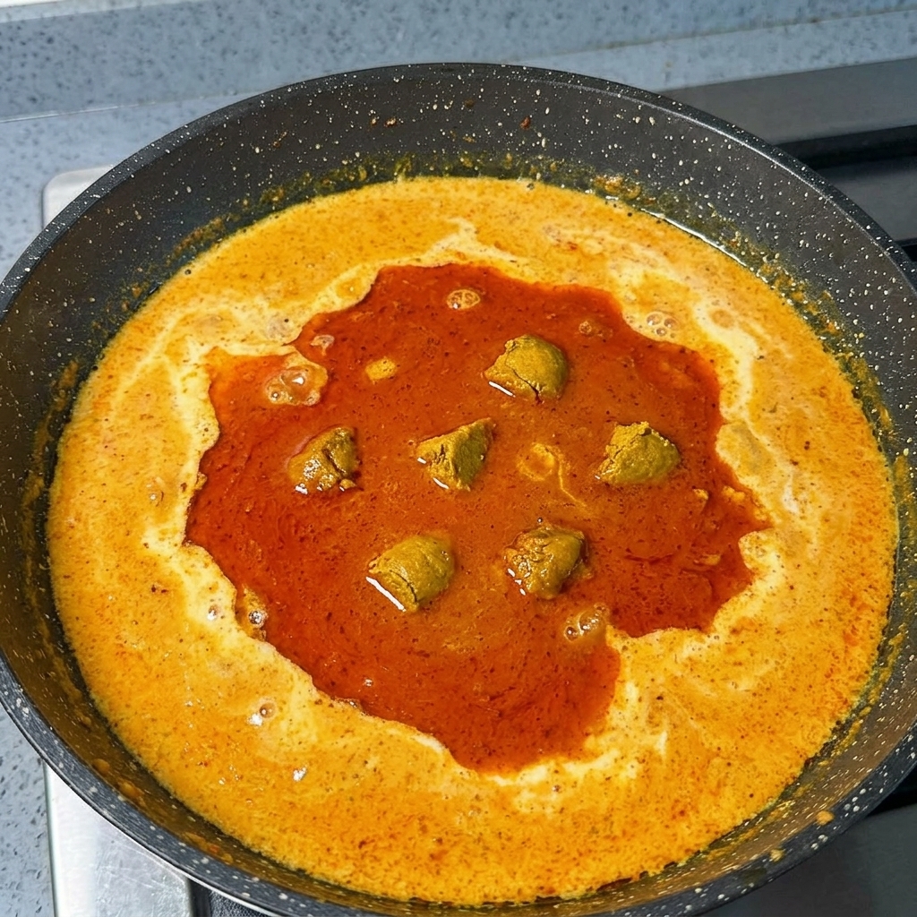 オレンジ色のクリーミーなスープの中で、固形のカレールーが溶けている様子。