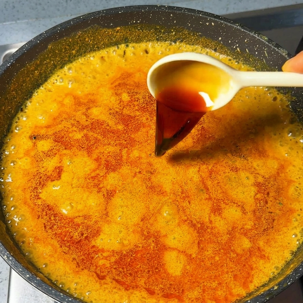 グツグツ煮立つ鮮やかなオレンジ色のカレースープに、スプーンで濃口醤油を加えている様子。