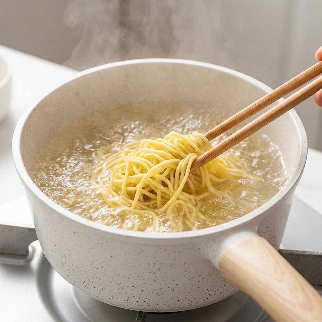 沸騰したお湯が入った鍋の中で、箸を使って中華麺を茹でている様子。