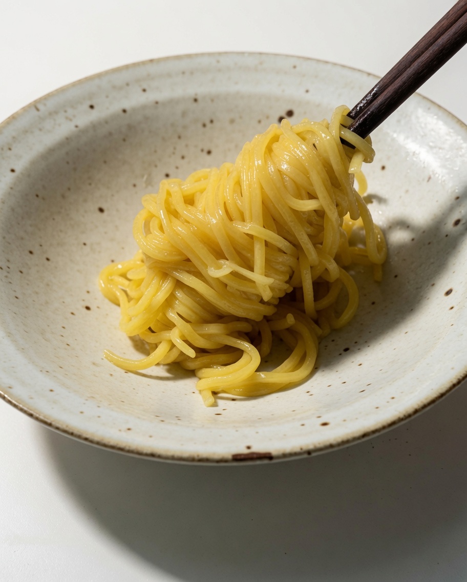 茹で上がった中華麺を箸で持ち上げ、器にきれいに盛り付けている様子。