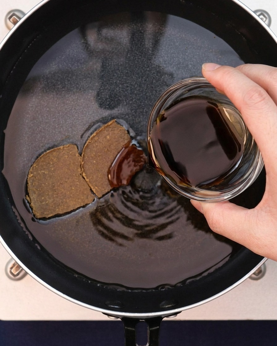 カレーつゆにウスターソースを注いでいる様子。