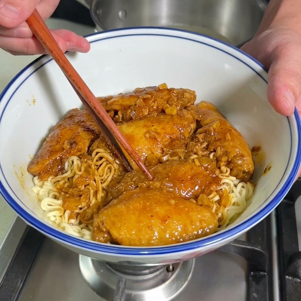 土鍋の中で濃厚なカレーソースで煮込まれる鶏手羽先を、箸でかき混ぜているアップの様子。