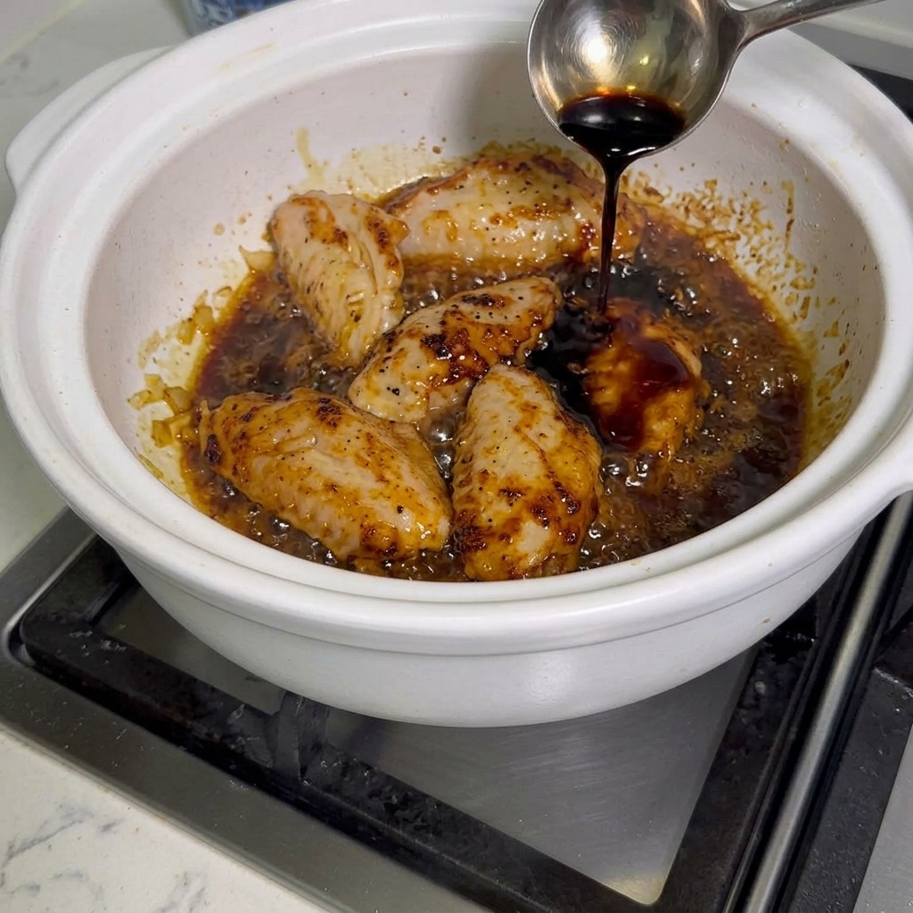 鶏手羽先が入った鍋に醤油を注ぎ入れている様子。