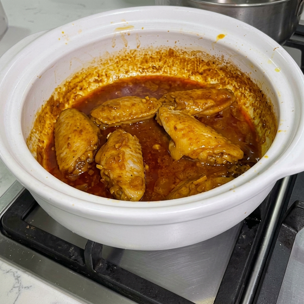 カレーソースに絡まった鶏手羽先に、サテソースを混ぜ合わせている様子。