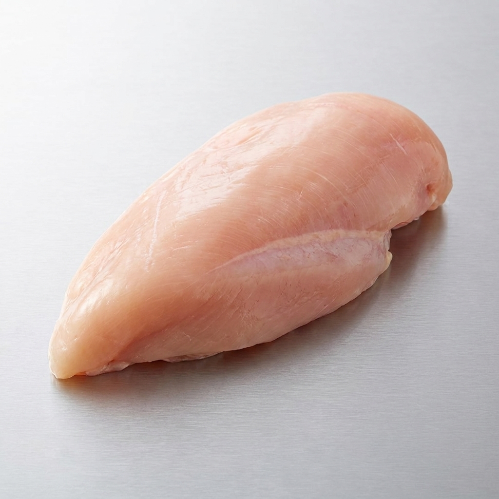 金属製のトレイの上で、黒胡椒とニンニクペーストがまぶされた生の鶏胸肉。