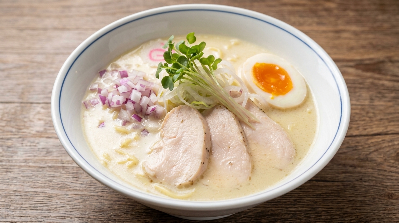 濃厚な鶏白湯スープに、しっとりとした鶏胸肉のチャーシュー、彩り豊かなマイクログリーン、半熟卵をトッピングした一杯。