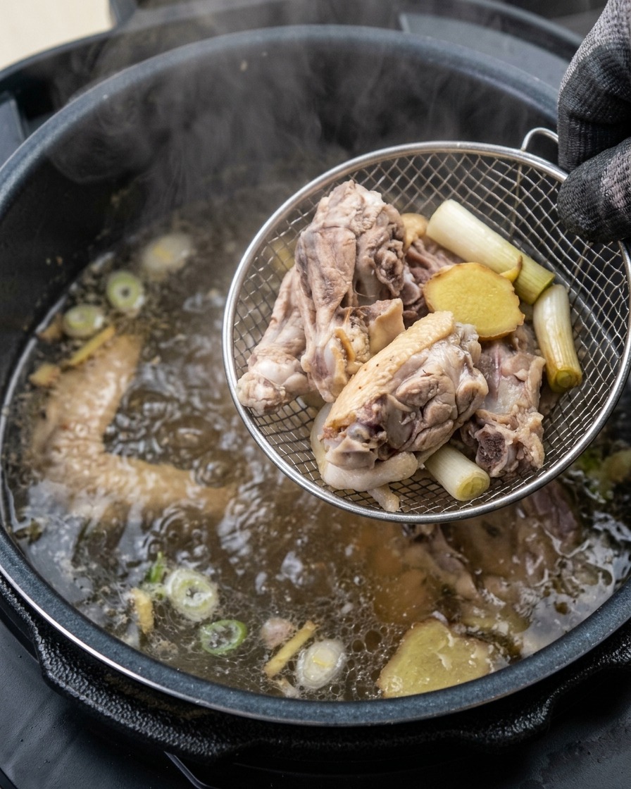 茹で上がった鶏肉をざるに入れ、流水で洗っている様子
