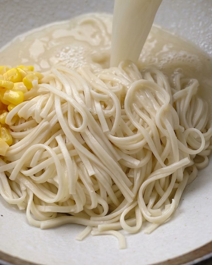 茹でた麺にコーンなどをのせ、濃厚なスープをかけている様子
