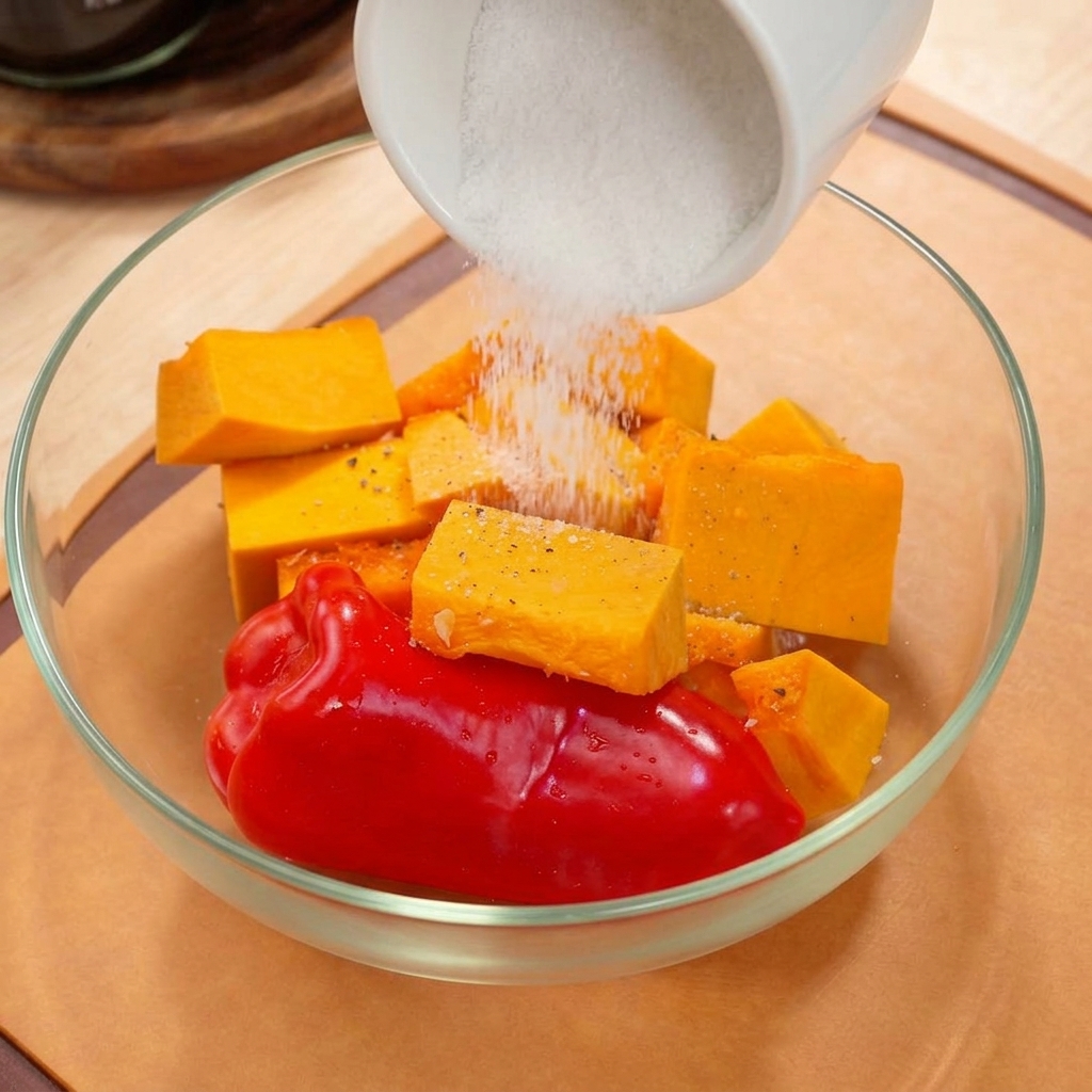 ガラスボウルに入ったかぼちゃの塊と赤パプリカに、オリーブオイルをかけて味付けをしている様子。