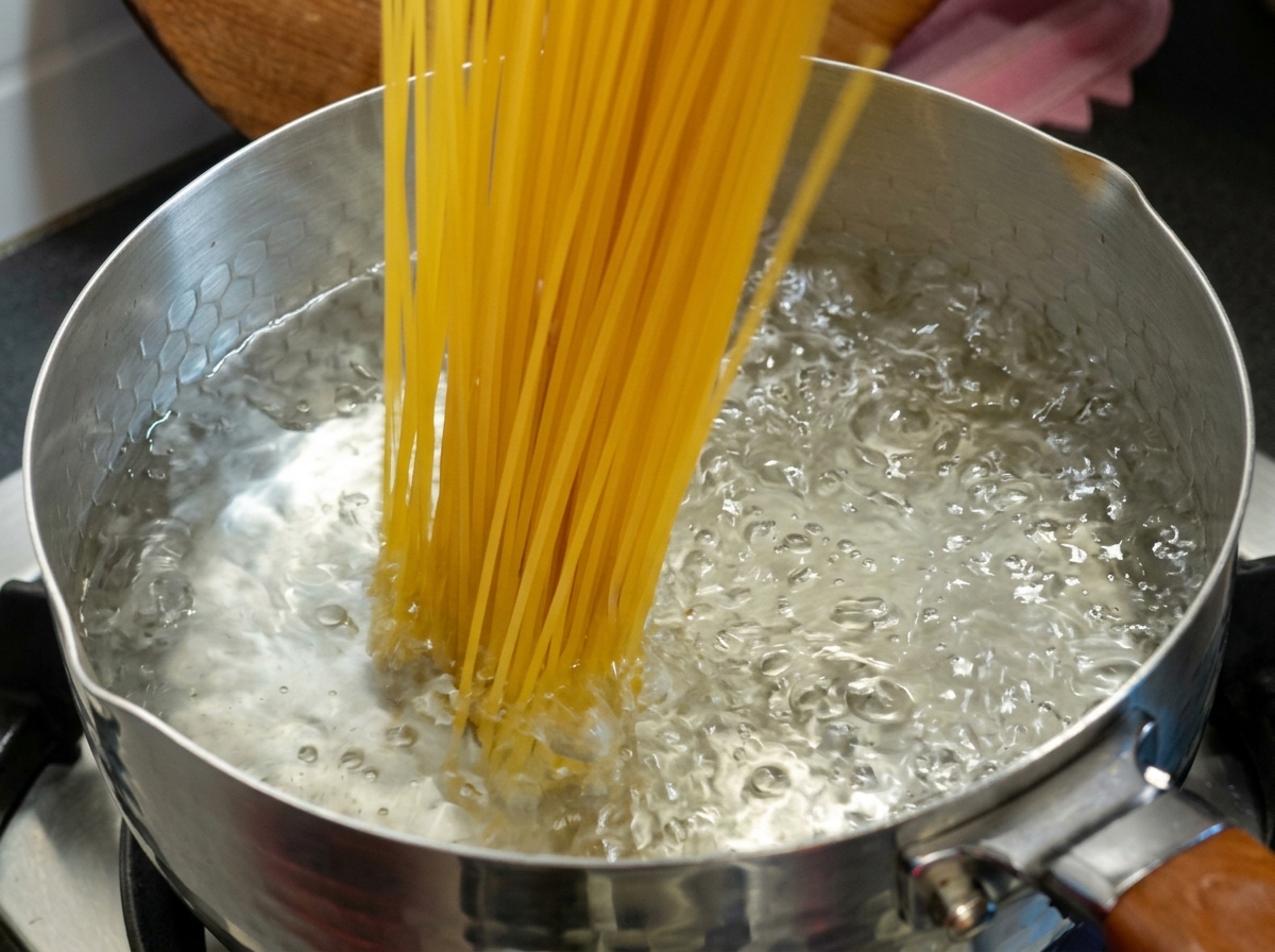 沸騰したお湯にスパゲッティを入れている様子。