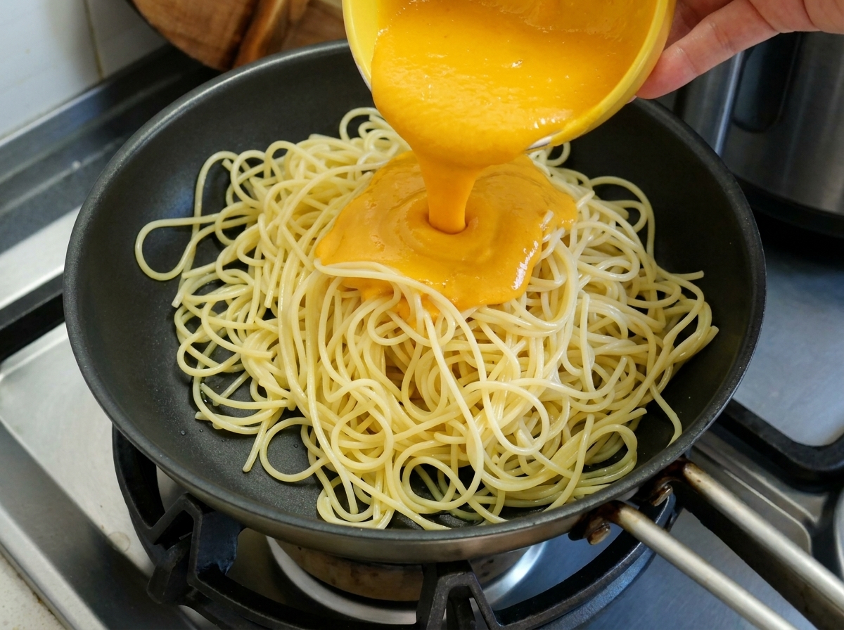 黄色いボウルに入った滑らかなソースを、黒いフライパンの中のパスタにかけている様子。