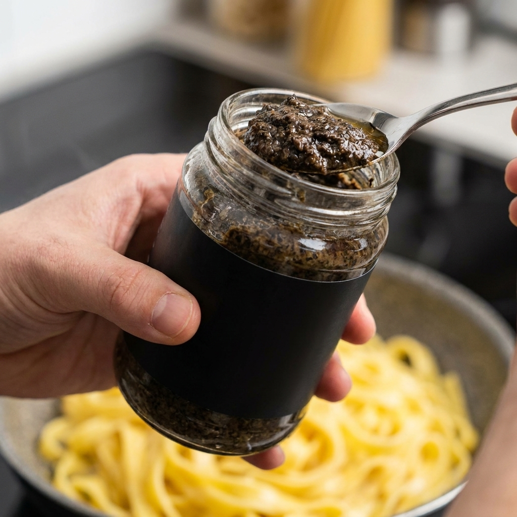 手で持った瓶とスプーンから、パスタに黒トリュフソースを乗せている様子。