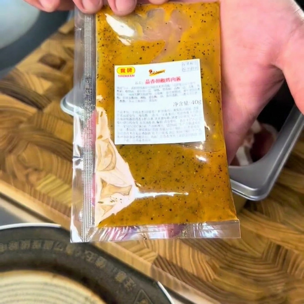 調理容器の中で牛肉にBBQソースをかけている様子。