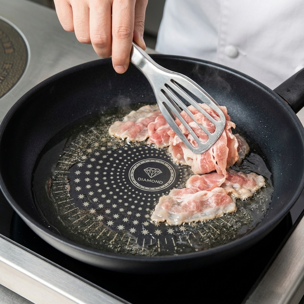 フライパンで牛肉とねぎを広げて焼いている様子。