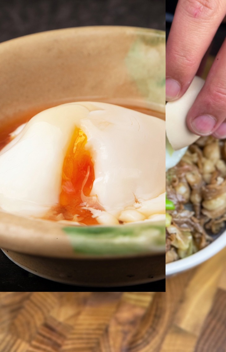 中央に温泉卵をトッピングした牛丼。
