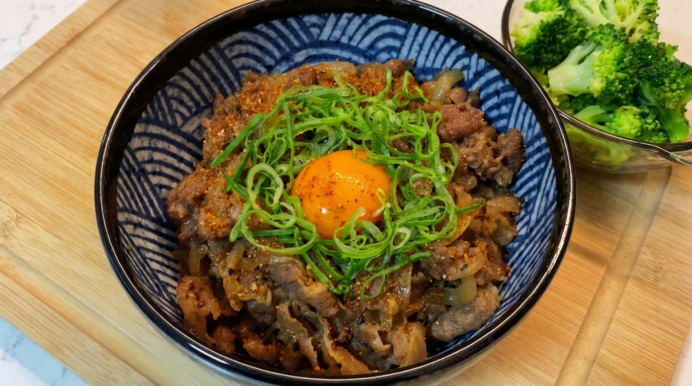 卵黄、新鮮な青ねぎ、七味唐辛子をトッピングし、蒸しブロッコリーを添えた本格的な牛丼。