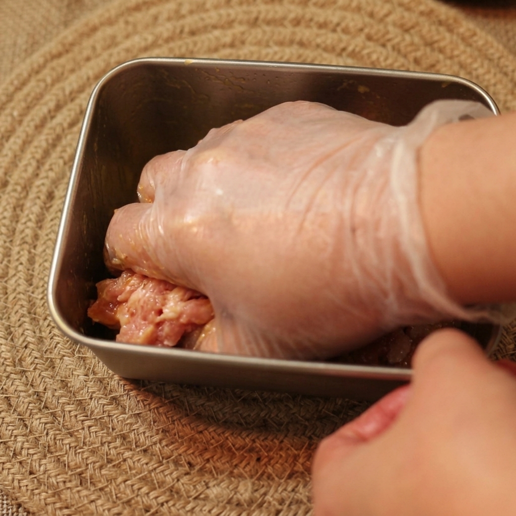 手袋をした手で、牛肉に卵黄をしっかり揉み込んでいる様子。