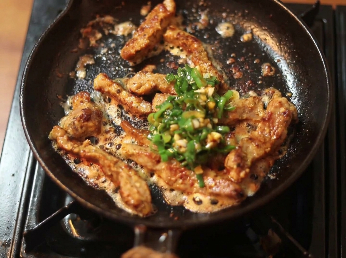 フライパンの中の牛肉に、緑色のねぎとニンニクのソースを注いでいる様子。