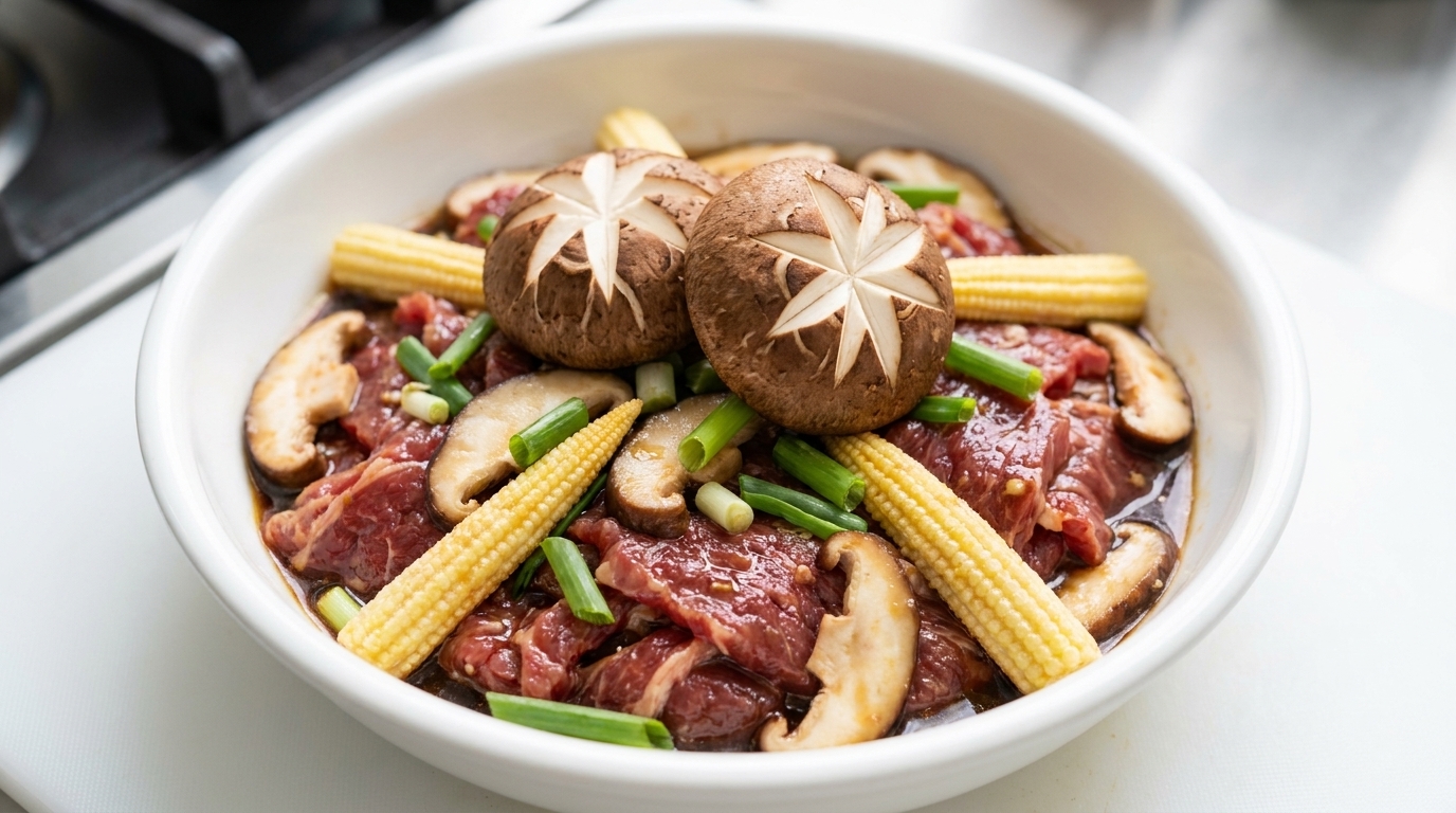 韓国風・きのこと牛肉のスタミナ漬け込み焼き