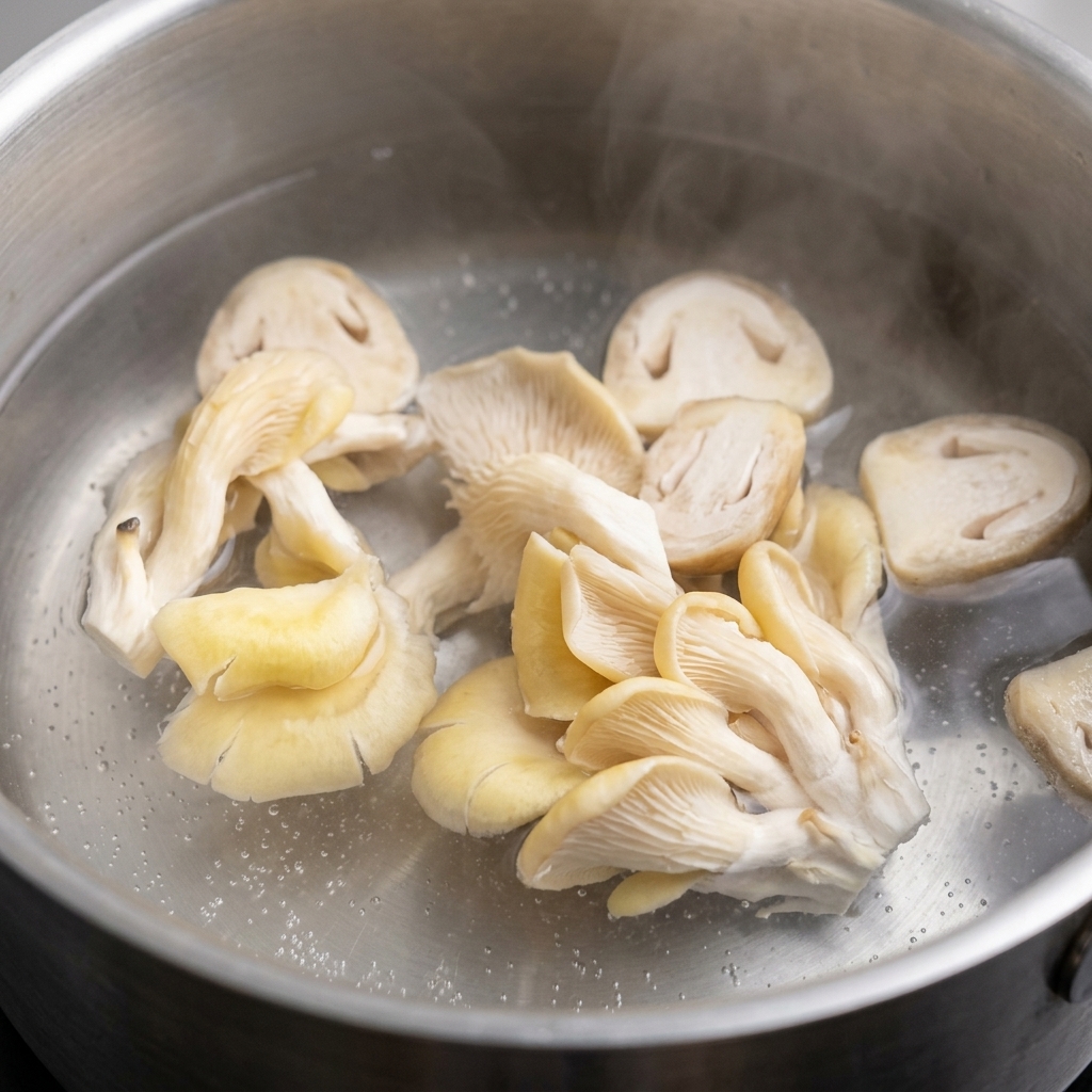 鍋でお湯を沸かし、ヒラタケを茹でている様子。