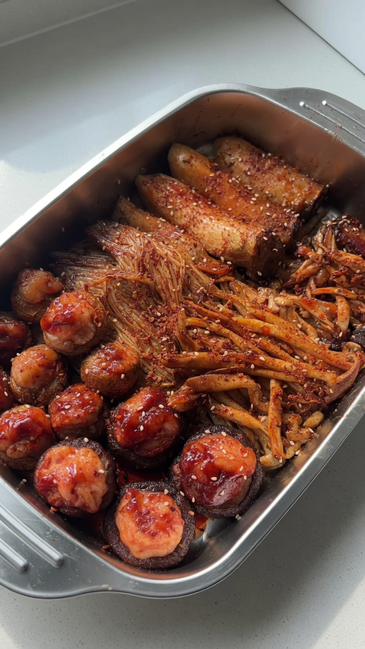 ノンフライヤーで作る！キノコのエビ詰めとピリ辛エリンギの盛り合わせ