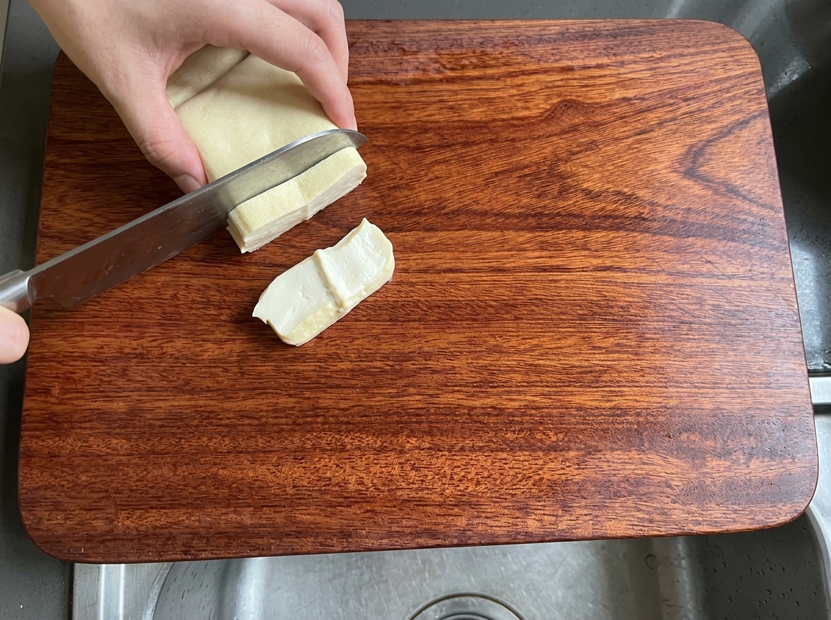 木綿豆腐をまな板の上で細長く切り分けている様子。