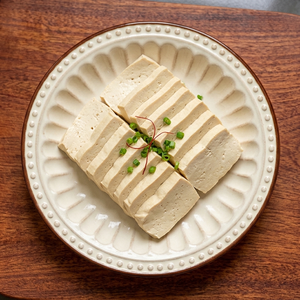 白い陶器の皿に、カットした豆腐を綺麗に並べている様子。