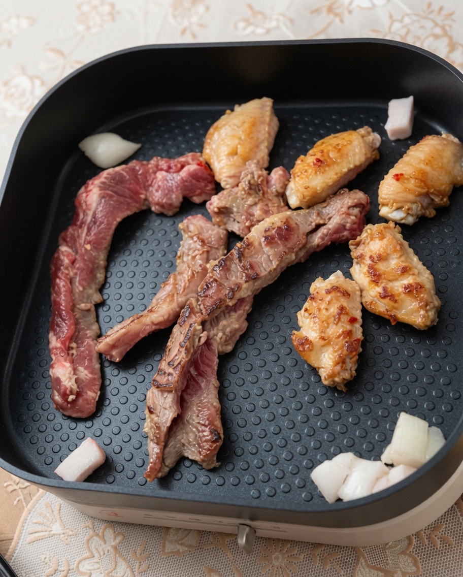 電気グリルでステーキ肉と鶏手羽先を焼いている様子。