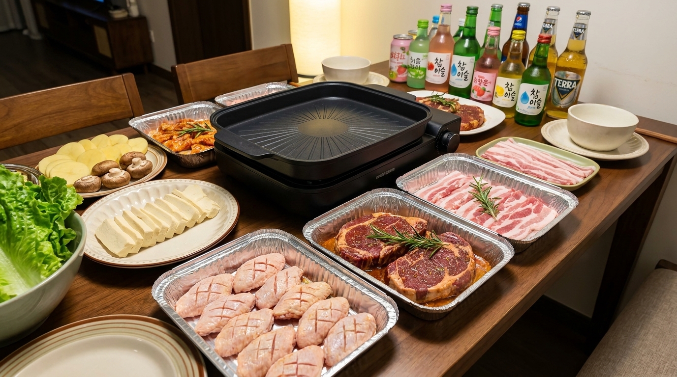 彩り豊かな味付け肉、新鮮な野菜、豆腐が並ぶ、韓国焼肉の卓上セッティング。