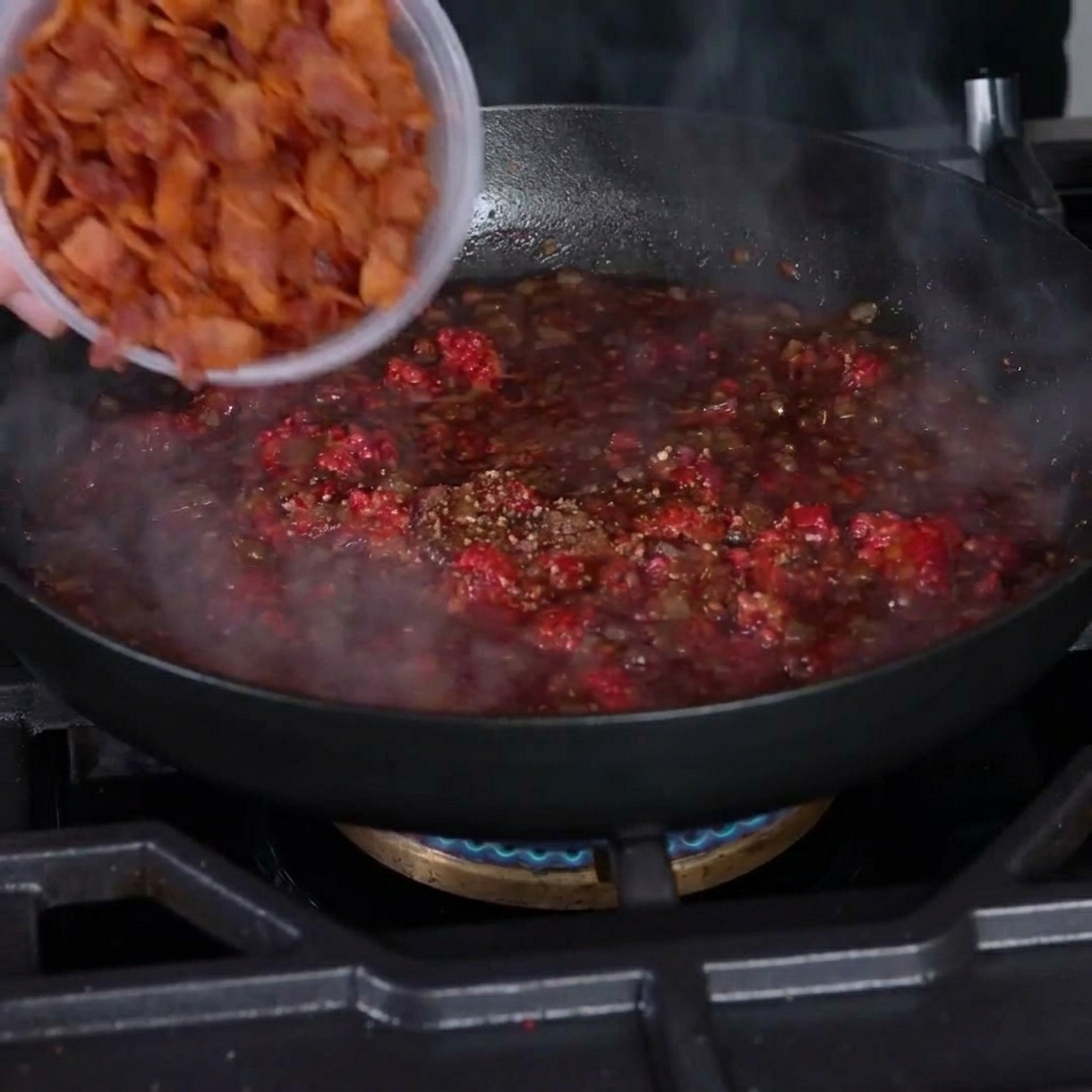 煮込まれる玉ねぎとラズベリーのソースに混ぜ込まれるベーコン。