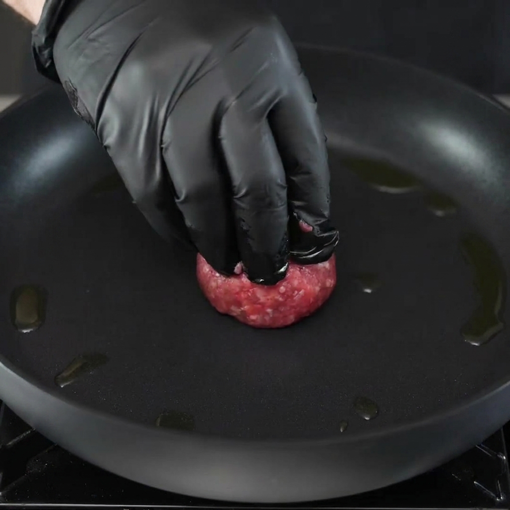 熱いスキレットの中で、ミートプレスを使って牛ひき肉を薄く押し潰している様子。