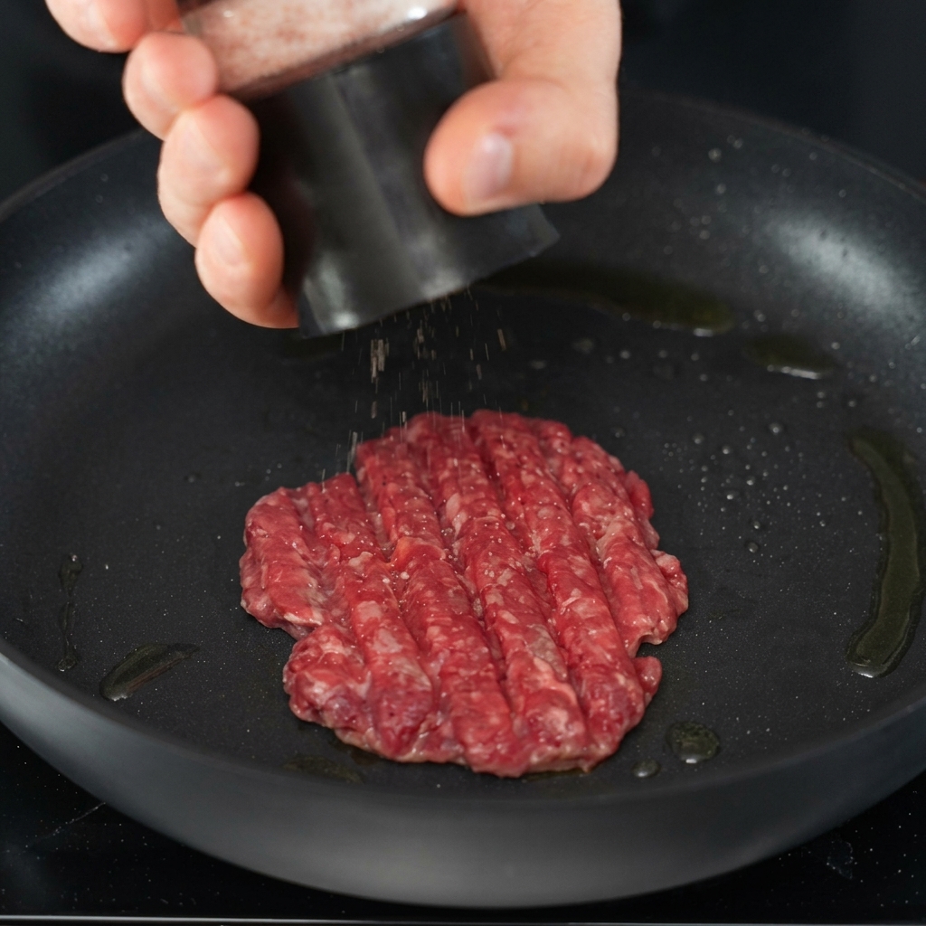 スキレットで焼かれているパティに、直接塩と黒こしょうを挽いてかけている様子。