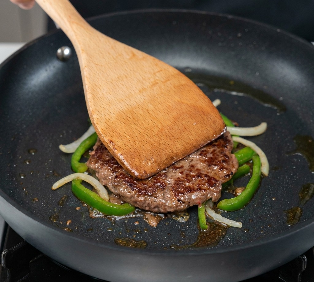 ハラペーニョと玉ねぎがのったパティの上にチェダーチーズをのせている様子。