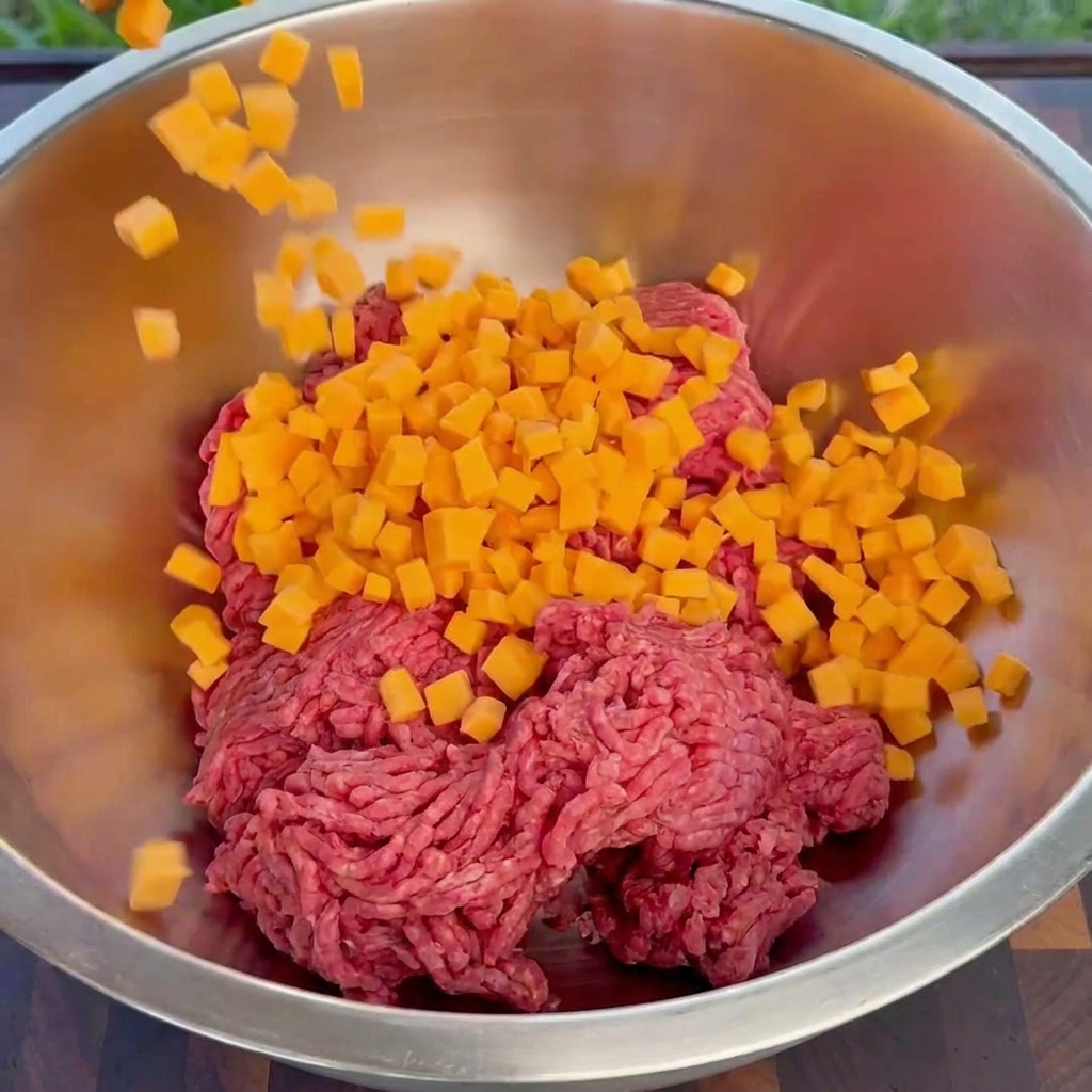 ステンレスボウルに入った牛ひき肉に、オレンジ色のチェダーチーズの角切りを加えている様子。