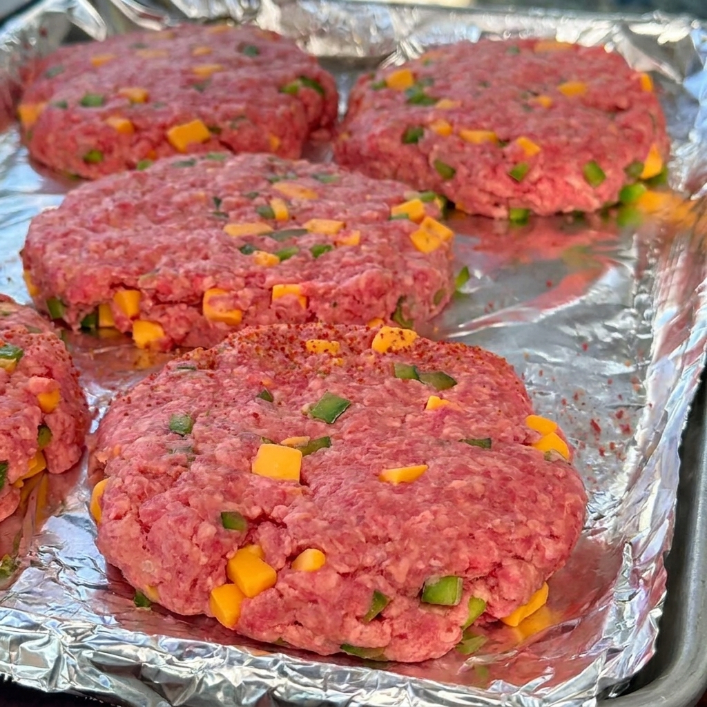 チーズと野菜が練り込まれ、赤いBBQラブを軽くまぶされた4枚の生のビーフパティがトレイに並んでいる様子。