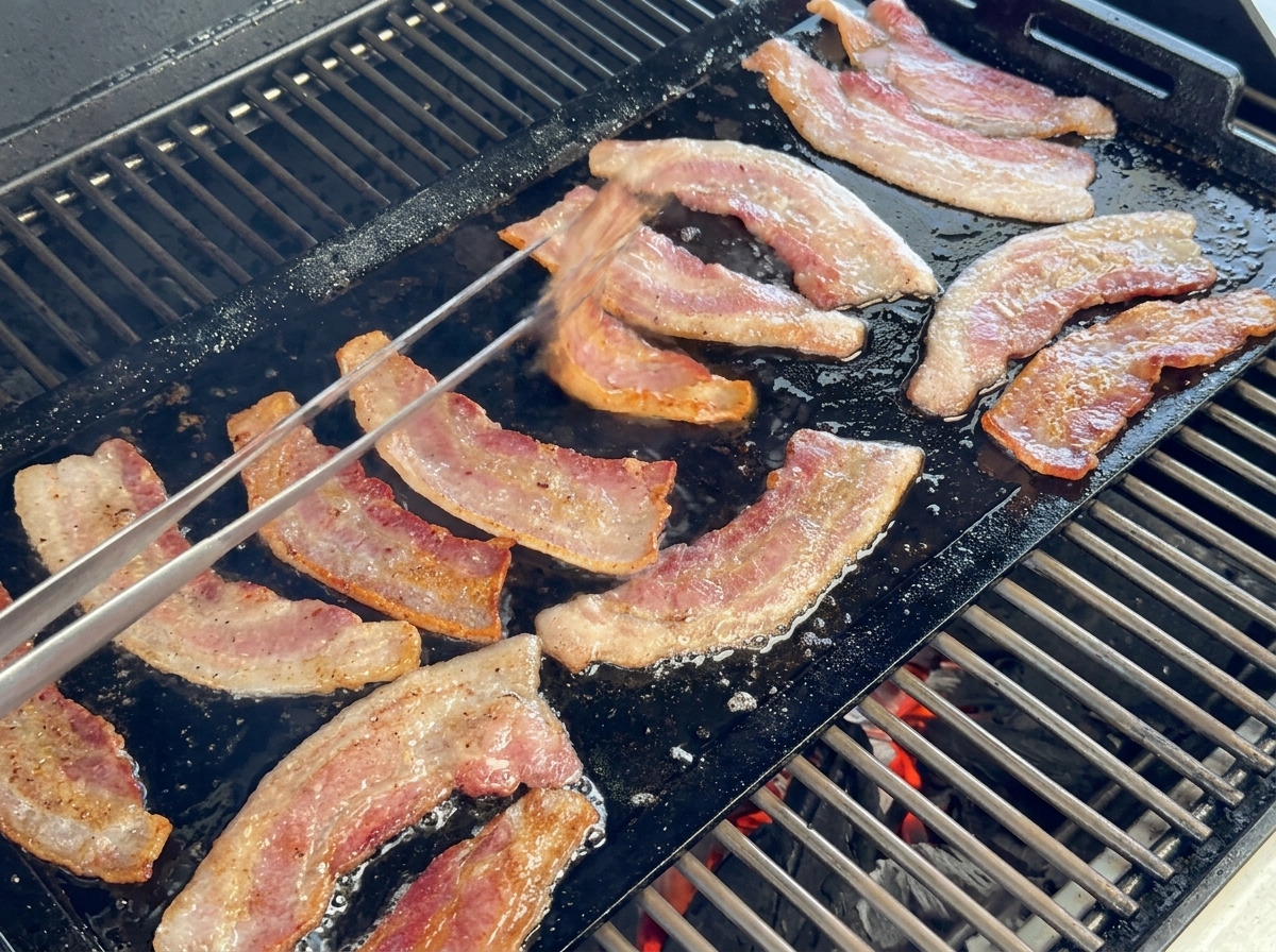 鉄板の上で焼かれ、金属製のトングで裏返される厚切りベーコン。