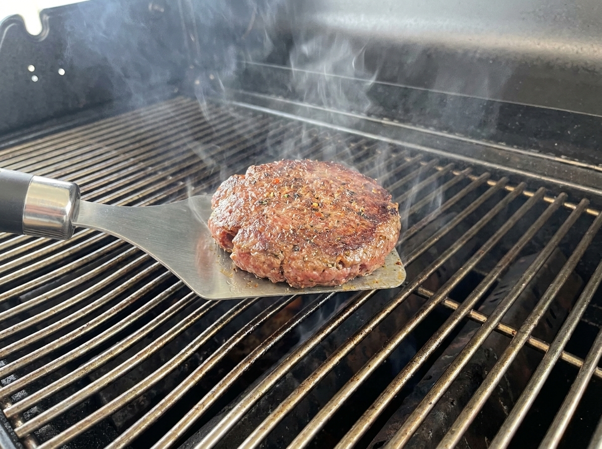 グリルでこんがりと焼けた厚みのあるビーフパティが裏返されている様子。