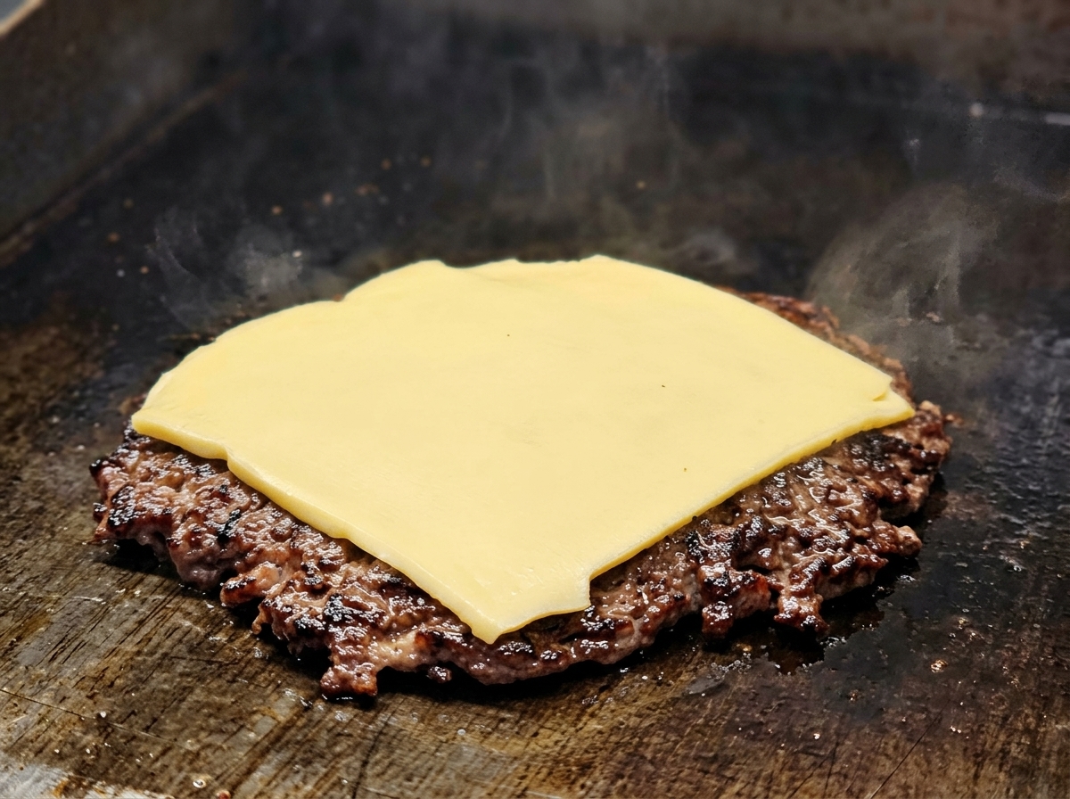 香ばしく焼かれたビーフパティの上で溶け始めた黄色のチーズ。