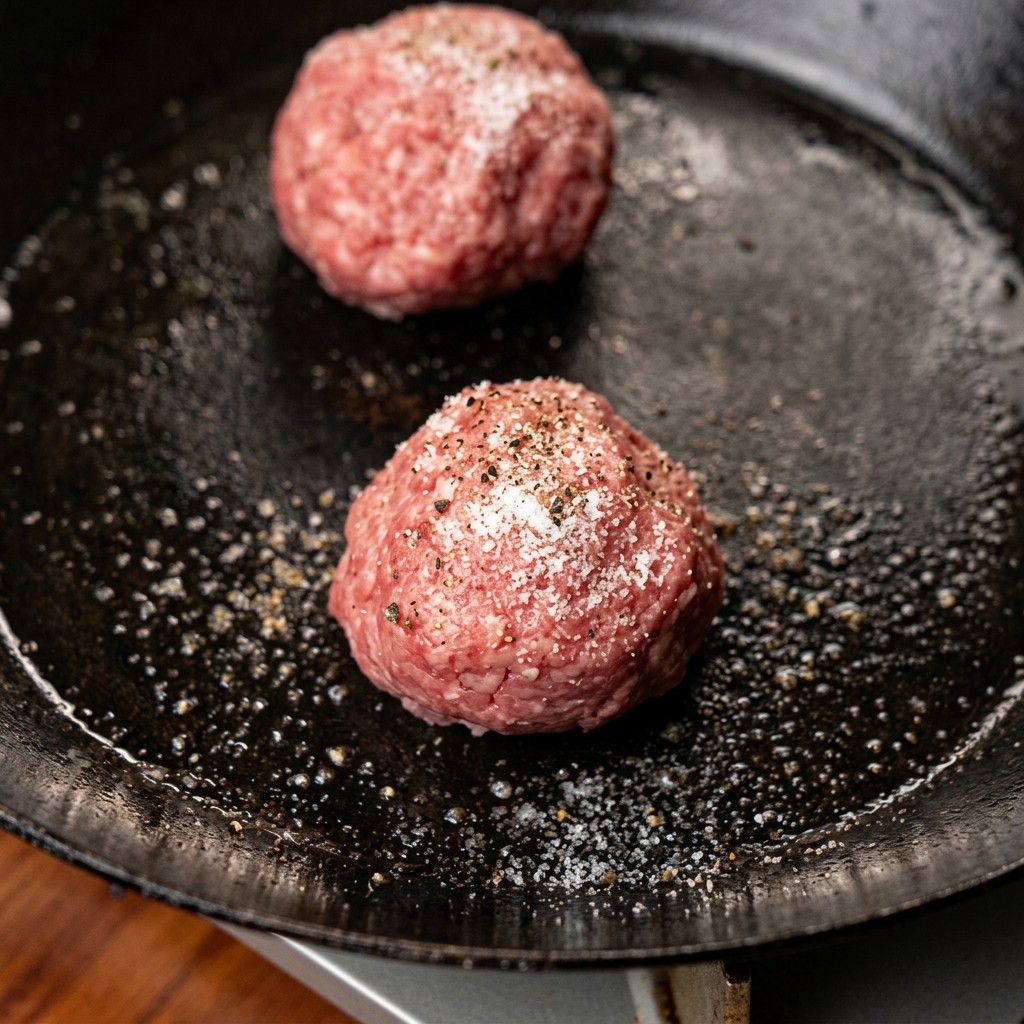 フライパンでバンズをトーストしている様子。