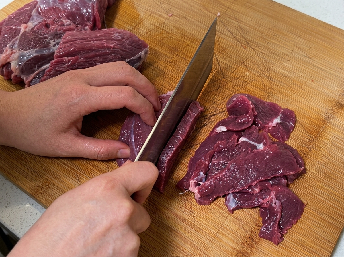 木製のまな板の上で、包丁を使って新鮮な生の牛肉の塊を細かく切っている手元の様子。