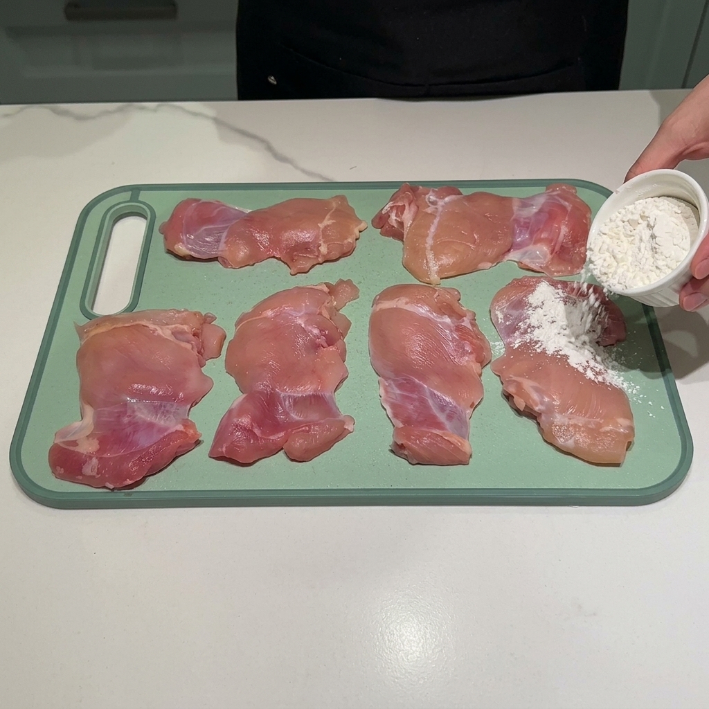 まな板の上で、鶏肉全体に小麦粉を薄くまぶしている様子。